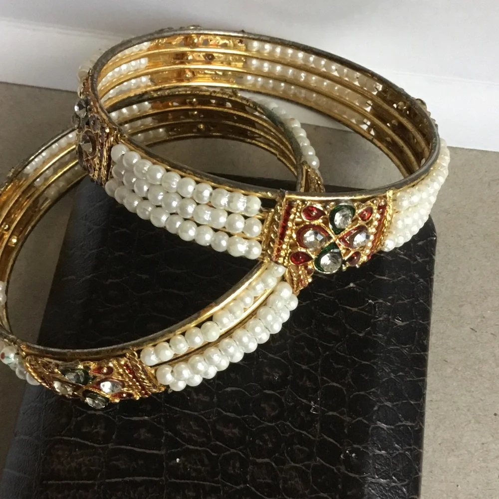 Gold Pearl and Crystal Women's Bangle Set